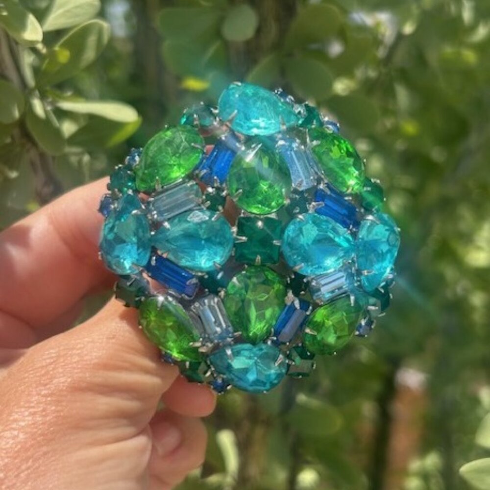 HOBÉ Layered Rhinestone Blue Green Silver Domed Statement BROOCH